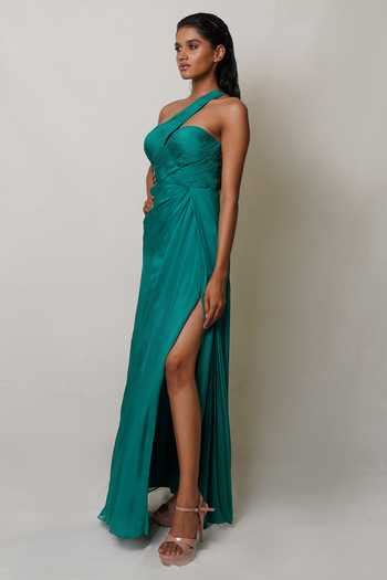 Buy Green Art Flat Chiffon Lining Butter Crepe One Shoulder Front Slit ...
