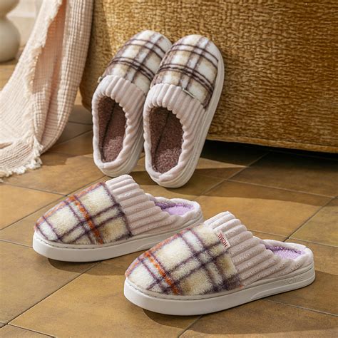 Plaid Plush Slippers Warm Soft Non-slip Bedroom Home Slipper For Coupl ...
