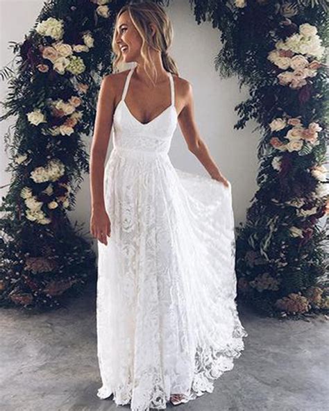 White flower lace V neck long summer beach prom dress, long open back ...