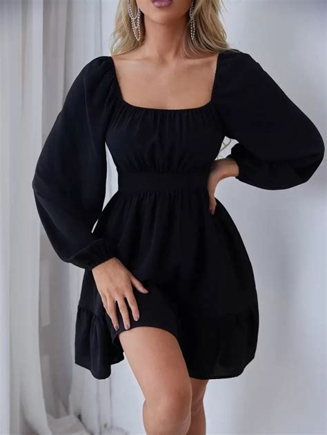 SHEIN Frenchy Ruched Lantern Sleeve Ruffle Hem Dress | SHEIN USA