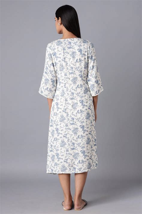 White Cotton Midi Dress with Blue Print – wforwoman