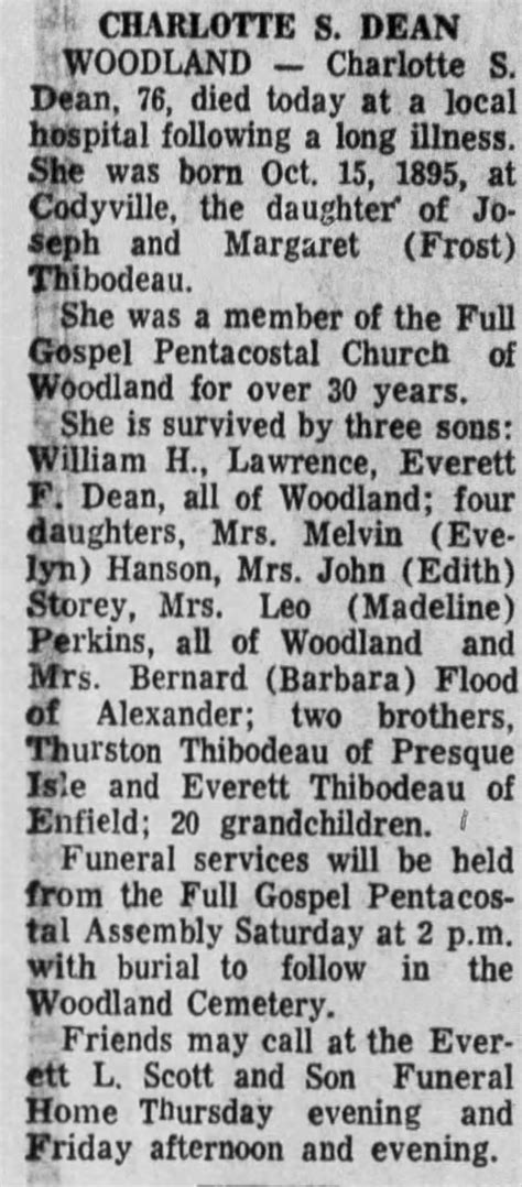 Obituary, Bangor Daily News, Thursday, July 6, 1972, p. 29