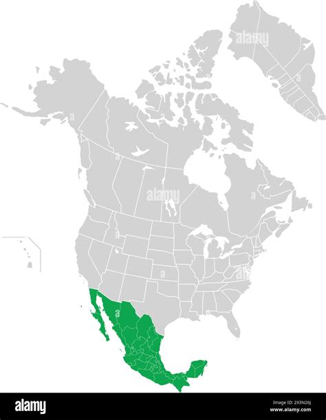 Green map of MEXICO inside light grey map of the North American ...