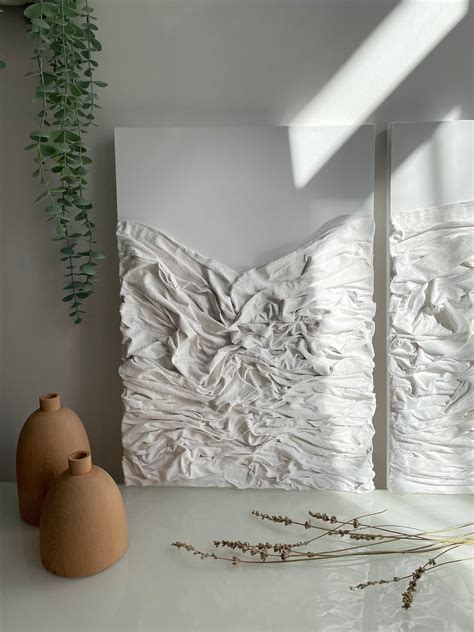 Set of 2 White Fabric Textured Painting Wall Art, Abstract Plaster ...