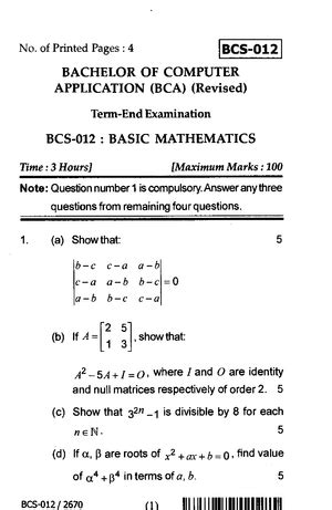 Question Paper number 4 - No. of Printed Pages : 4 I BCS-012 I BACHELOR ...