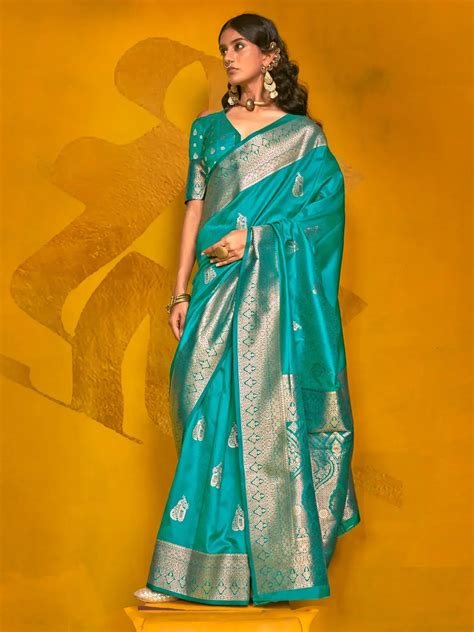 ⚡️Buy Fascinating Teal Blue Zari Weaving Silk Traditional Saree With ...