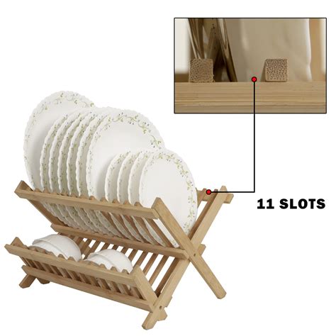 Wooden Folding 2-Tier Bamboo Plate Stands, Folded – 13x12.5x1.5", Exte ...