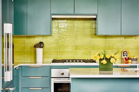 Industrial Loft Kitchen With Turquoise Cabinets and Lime Green ...