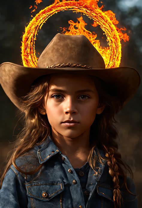A close up of a young girl wearing a hat with a fire ring on her head ...