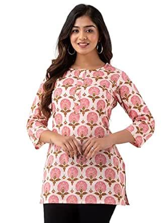 feranoid Women Cotton Straight Fit Printed Straight Short Kurti (White ...