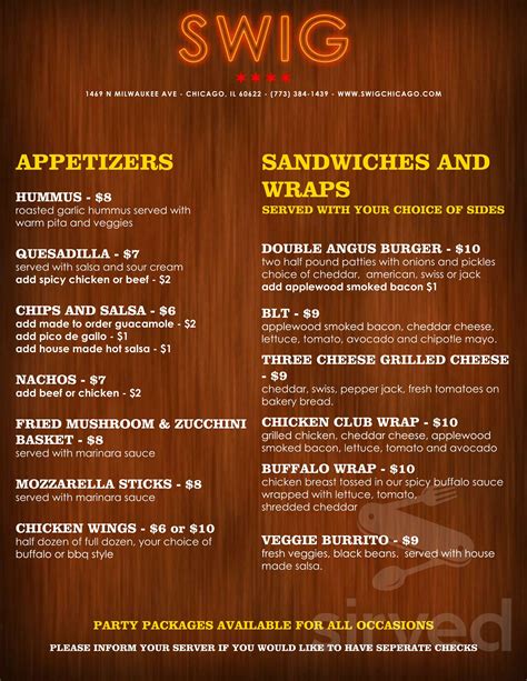 SWIG menu in Chicago, Illinois, USA