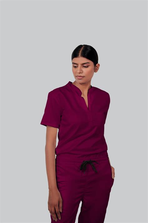 Stretchable (4Way) Female Wine Mandarin Neck With Jogger Scrub Set ...