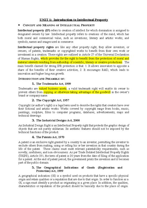 IPR Notes as per syllabus - UNIT 1: Introduction to Intellectual ...