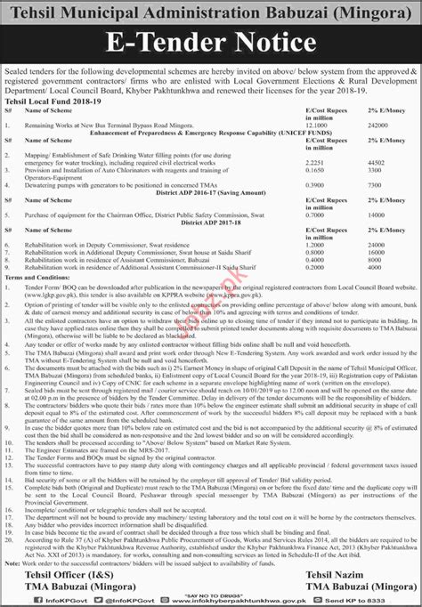 Tehsil Municipal Administration Babuzai Mingora E-Tender 2024
