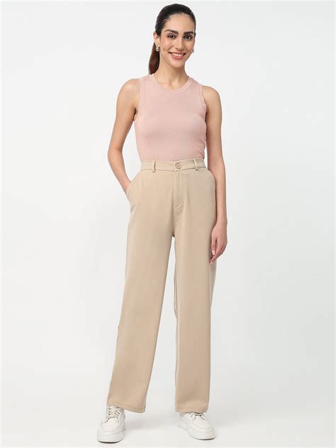 Buy Women Beige High-Rise Straight Fit Pants | Kraus Jeans