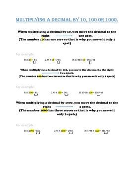 Multiplying Decimals by 10, 100, 1000 by Danielle Hoffman | TPT