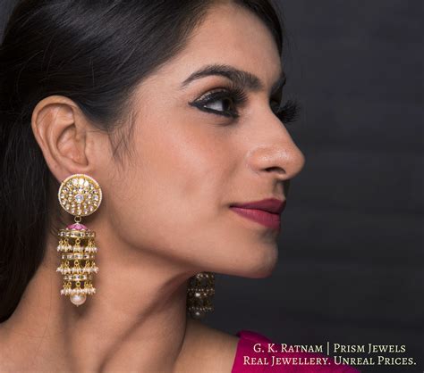 18k Gold and Diamond Polki Chandelier Earring Pair with disc-shaped ri ...