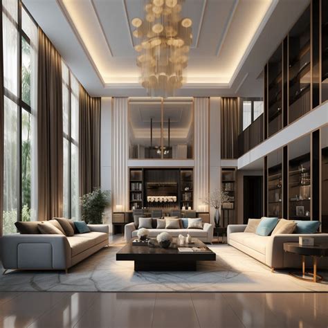 A modern living room with rich wood shelving, reflecting the home’s ...