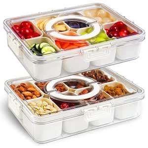 2 Pack Divided Serving Tray with Lid and Handle, 8 Compartments ...