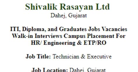 ITI, Diploma and Graduates Jobs Vacancies in Shivalik Rasayan Ltd for ...