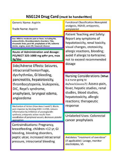 NSG124 Aspirin Drug Card: Function, Effects, and Nursing Considerations ...