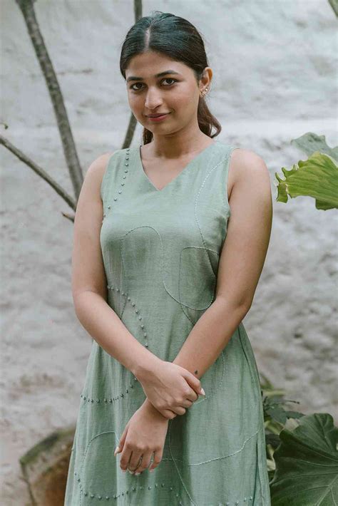 Buy Sage Green V-Neck Chanderi Dress for Women | Studio Bustle