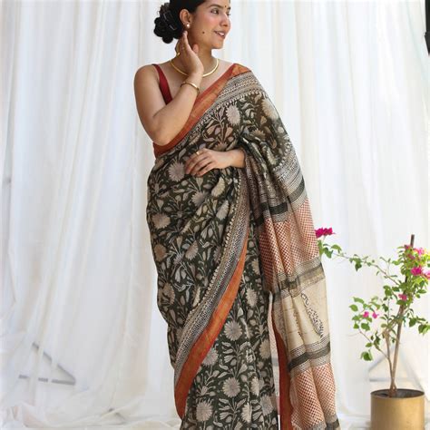 Vanya : Dark Mehndi Maheshwari Saree with Red Border (Bagru Handblock ...