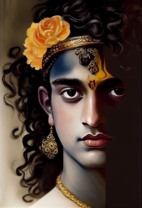 Divine Beauty in Print: Oil Color Portrait Print of Lord Krishna's Fac