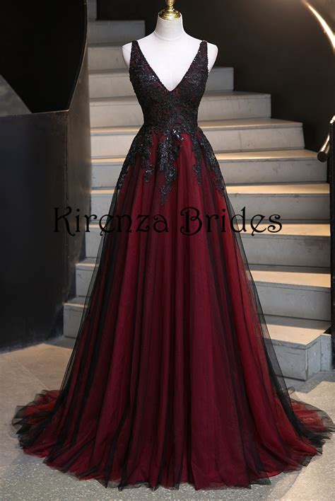 Deluxe Dark Red & Black Alternative Gothic Wedding Dress with Plunge ...