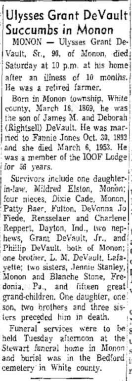 Ulysses Grant DeVault, Obituary in the Logansport Pharos-Tribune 08 Sep ...