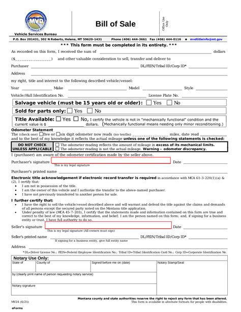 Free Montana Motor Vehicle Bill of Sale | Form MV24 - PDF – eForms