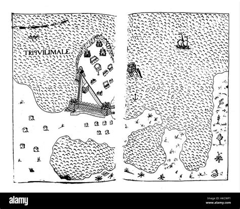 This 17th-century map by Bocarro depicts the port of Trincomalee in Sri ...
