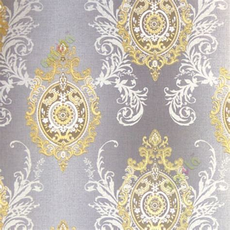 Blue gold grey cream color damask traditional self design swirls floral ...