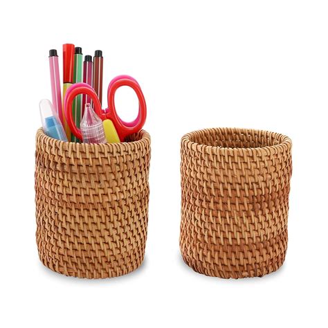 Okllen 2 Pack Rattan Pencil Holder, Handmade Wicker Pen Cup Makeup ...