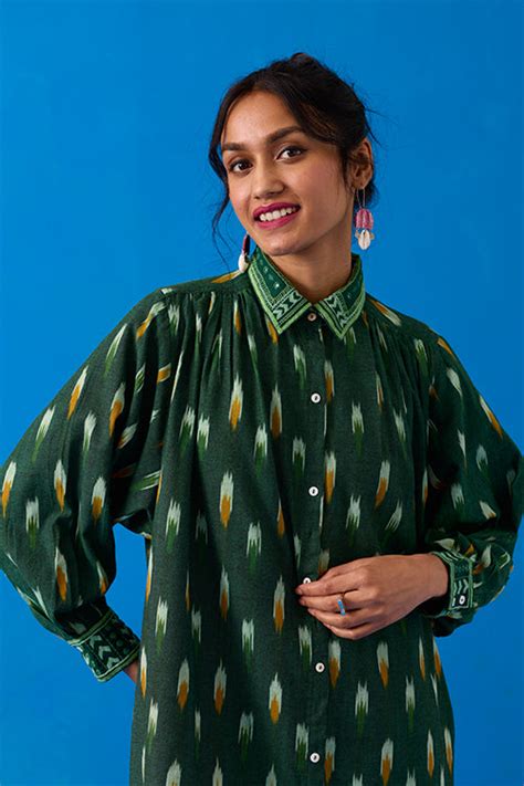 Okhai “Peacock Flare” Hand-Embroidered Ikkat Pure Cotton Shirt Dress ...