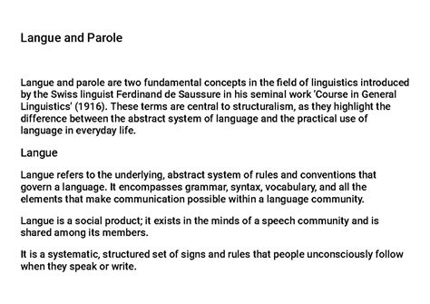 Langue and Parole - Critical Studies - Langue and Parole Langue and ...