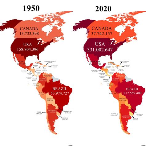 Population of the Americas in 1950 VS 2020 : r/MapPorn