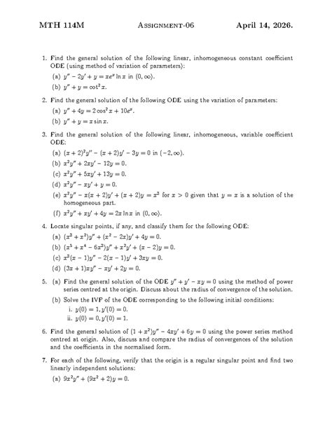 MTH 114M Assign 06 - Practice Problems on ODE Solutions - Studocu