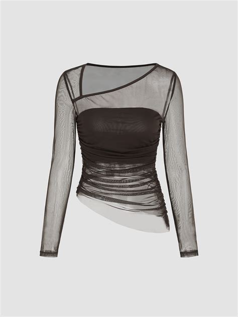 Mesh Mesh Asymmetrical Neck Long Sleeve Top For Daily Casual Date Party ...