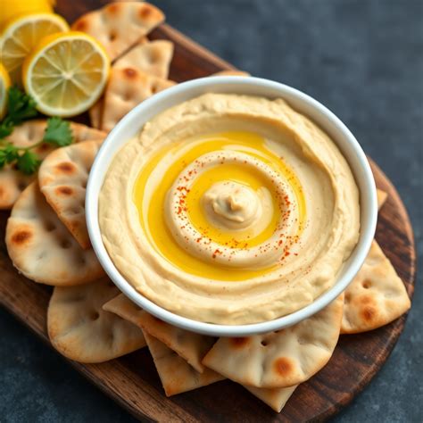 Zesty Lemon Hummus with Pita Chips Recipe | cookAIfood