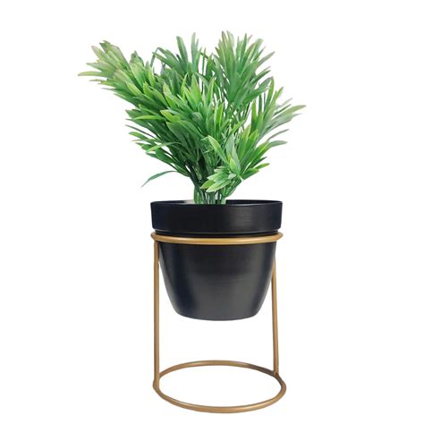 Decorative Black Cylindrical Metal Tabletop Planter with Gold Stand ...