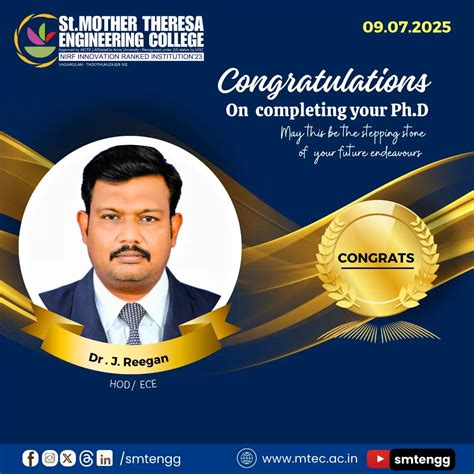 Reegan_PhD | News & Events | St. Mother Theresa Engineering College ...