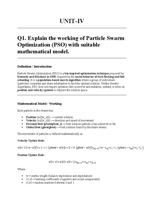 NIC Unit 4 - Detailed Study on Particle Swarm Optimization (PSO) - Studocu