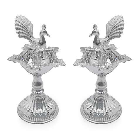 Set of 2 Diya With A Silver Peacock Idol in Middle – MAA SILVER
