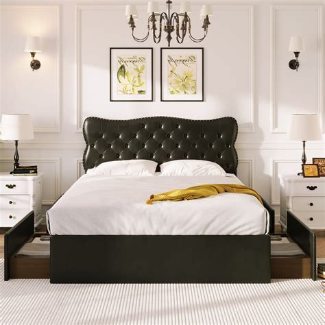 Classic Faux Leather Bed Frame Storage Platform Bed-Full, Black - Bed ...