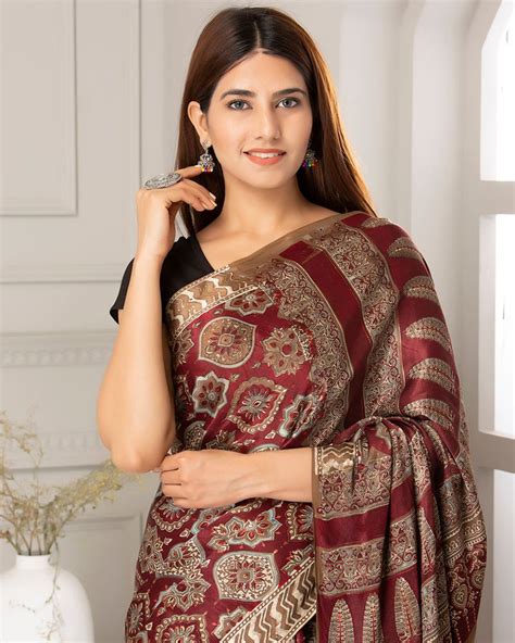 Elevate Your Style with the Exquisite Maroon-Beige Ajrak Print Saree