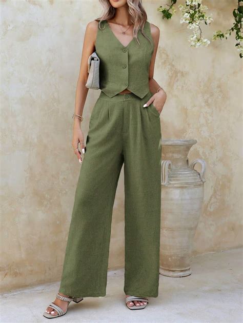 SHEIN Clasi Linen Solid Color Sleeveless V-Neck Top And Pocketed Long ...