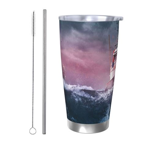 Balery Boat Lighthouse Storm Waves Pattern 20oz Insulated Car Cup with Dual Drink Lids ...