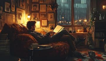 A man reading a book in a room with pictures on the wall | Premium AI ...