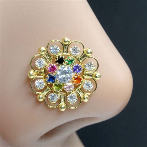 Floral Design Sterling Silver Nose pin with Multi-color stones in Twis ...